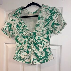 Anthropologie Green and White Floral Crop Top